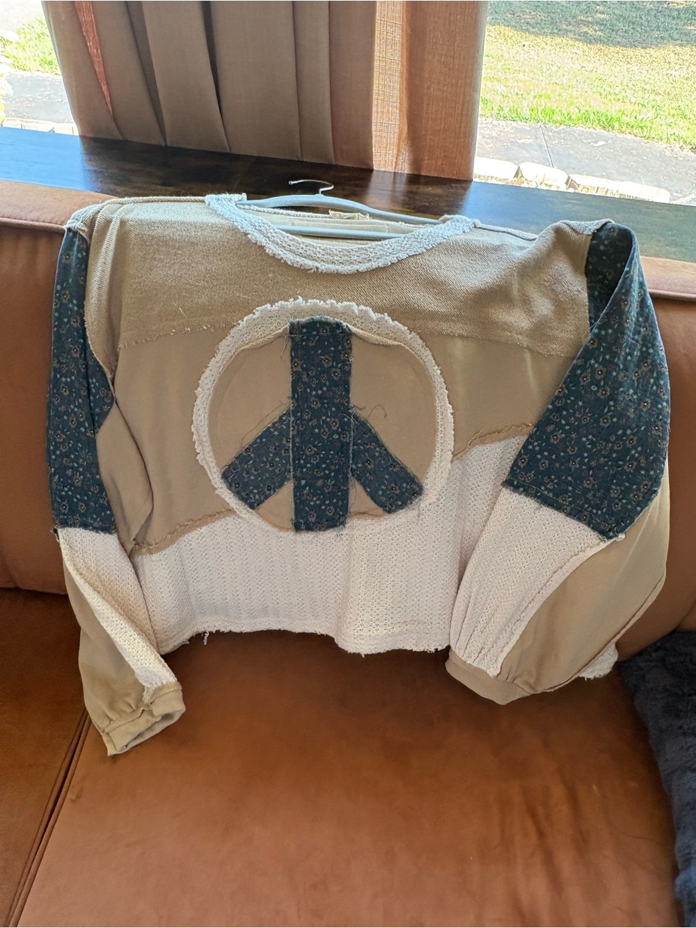 POL Patchwork Peace Sign Pullover - Beige & Teal